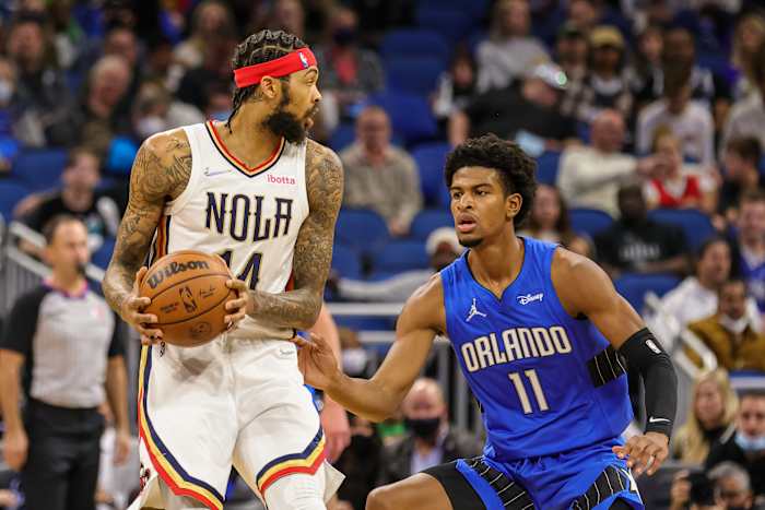 Aleem Ford guard his man on defense while with the Orlando Magic (Credit: Mike Watters-USA TODAY Sports)